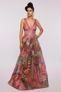 Aisha Rao Pink Printed & Embellished Organza Gown