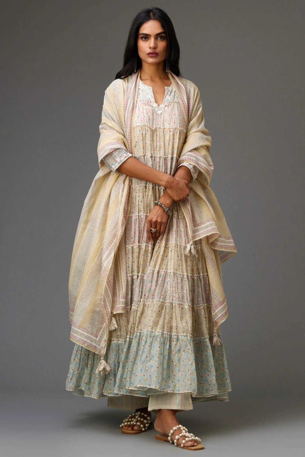 KORA Hand Block Printed Tiered Kurta Set 1 KORA Hand Block Printed Tiered Kurta Set