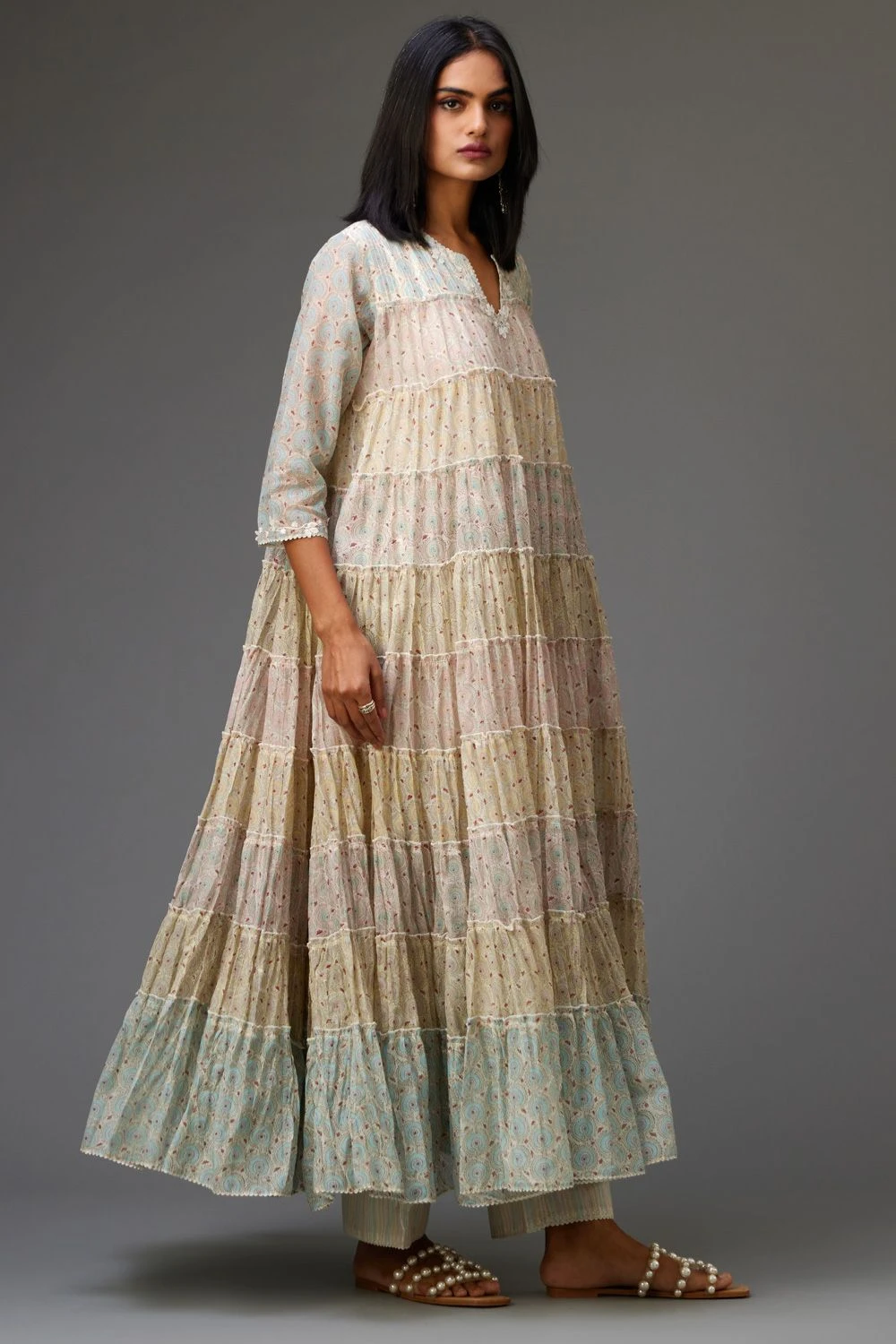 KORA Hand Block Printed Tiered Kurta Set 3 KORA Hand Block Printed Tiered Kurta Set - Image 3