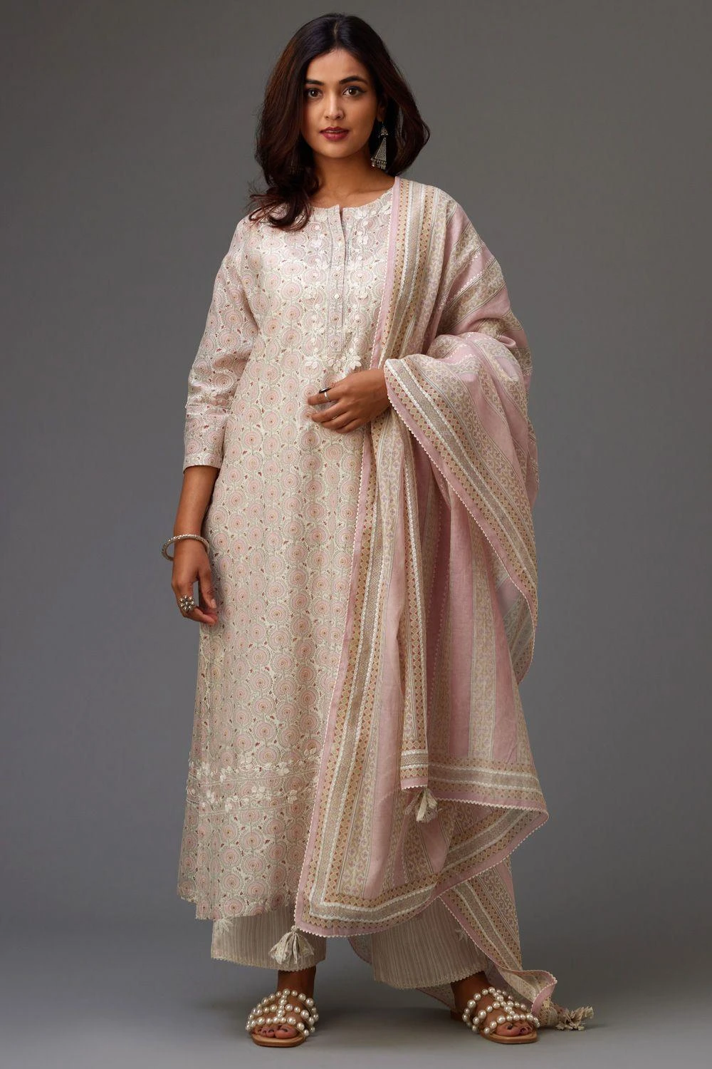 KORA Pink & Grey Thread Embellished Kurta Set 1 KORA Pink & Grey Thread Embellished Kurta Set