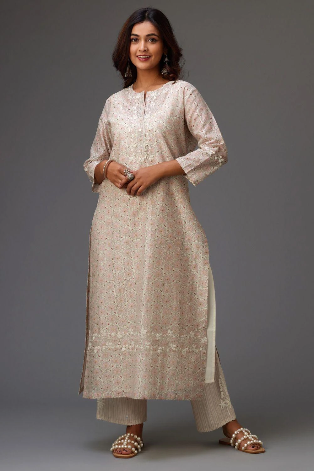 KORA Pink & Grey Thread Embellished Kurta Set 2 KORA Pink & Grey Thread Embellished Kurta Set - Image 2