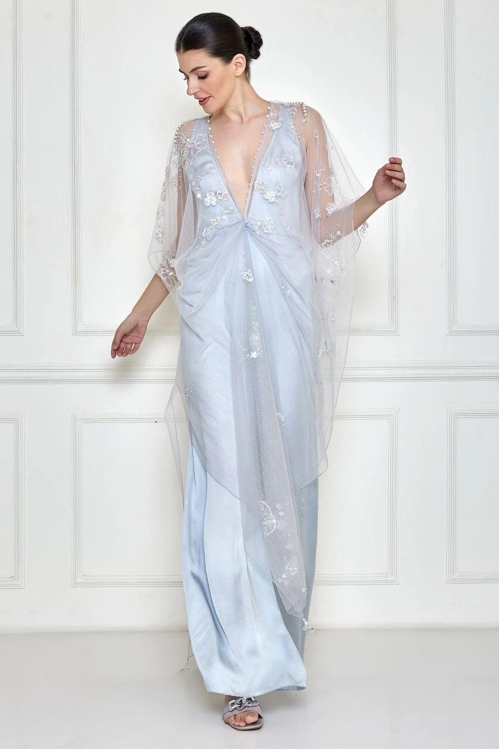 Dilnaz Ice Grey Embellished Kaftan & Jumpsuit 1 Dilnaz Ice Grey Embellished Kaftan & Jumpsuit