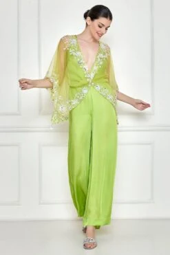 Dilnaz Citrus Green Mirror Embellished Kaftan & Jumpsuit