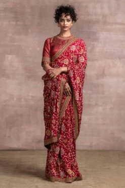Tarun Tahiliani Red Printed Silk Crepe Sari Set