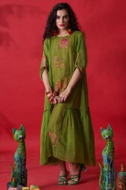 CAPISVIRLEO Green Chanderi Flared Dress