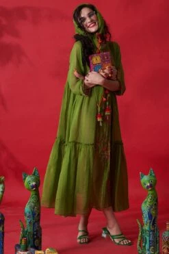 CAPISVIRLEO Green Chanderi Flared Dress -Echo Clothing Store 88cap22 3