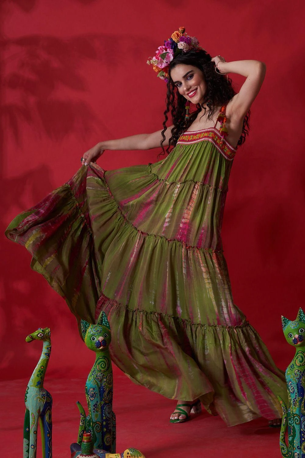 CAPISVIRLEO Green Tie Dye Embroidered Dress 2 CAPISVIRLEO Green Tie Dye Embroidered Dress - Image 2