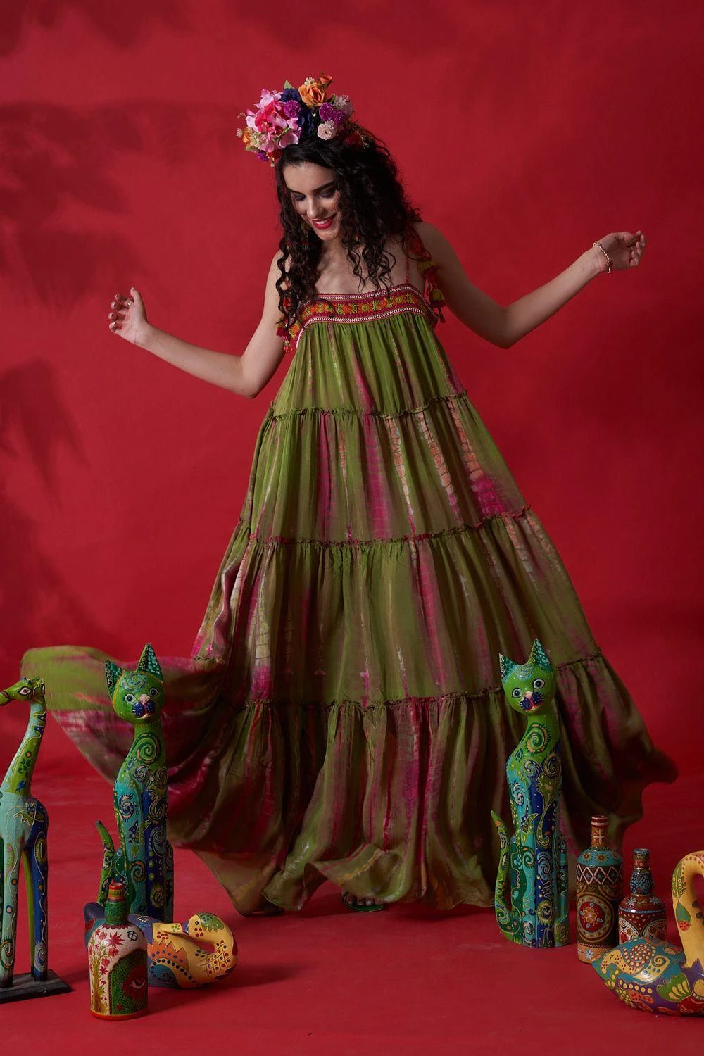 CAPISVIRLEO Green Tie Dye Embroidered Dress 4 CAPISVIRLEO Green Tie Dye Embroidered Dress - Image 4