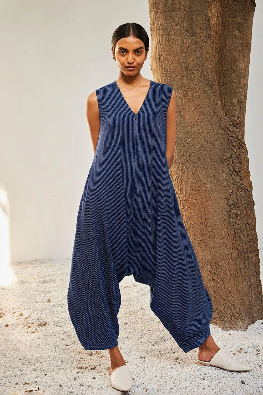 Khara Kapas Navy Blue Striped Jumpsuit 1 Khara Kapas Navy Blue Striped Jumpsuit