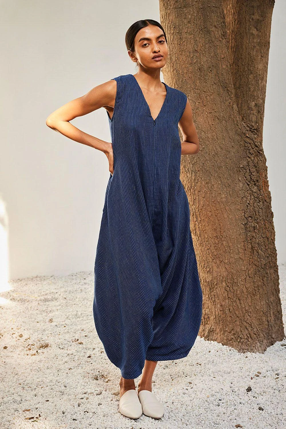 Khara Kapas Navy Blue Striped Jumpsuit 2 Khara Kapas Navy Blue Striped Jumpsuit - Image 2