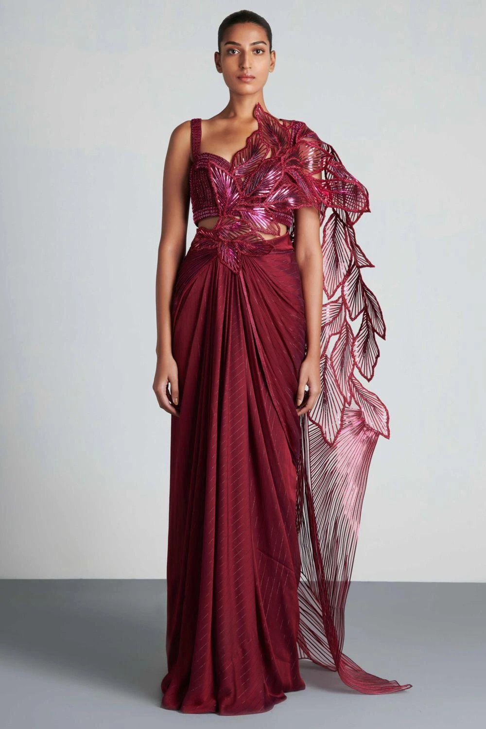 Amit Aggarwal Plum Fuschia Metallic Pre Draped Sari Set 1 Amit Aggarwal Plum Fuschia Metallic Pre Draped Sari Set