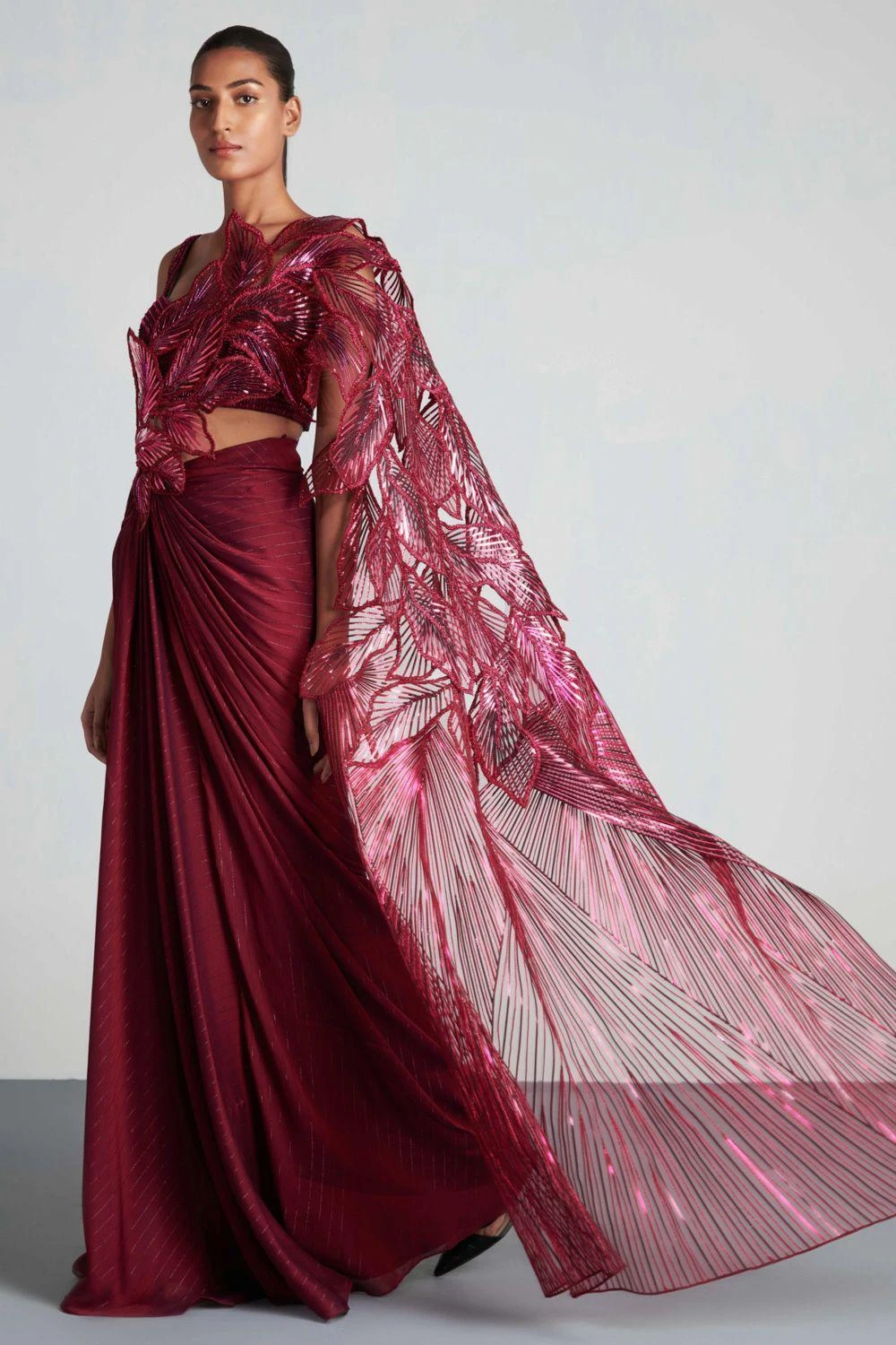 Amit Aggarwal Plum Fuschia Metallic Pre Draped Sari Set 2 Amit Aggarwal Plum Fuschia Metallic Pre Draped Sari Set - Image 2