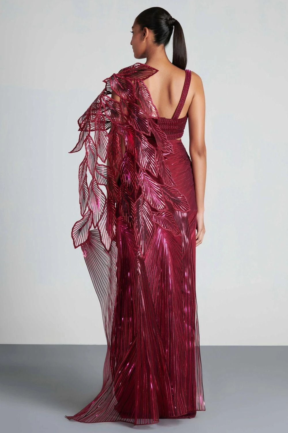 Amit Aggarwal Plum Fuschia Metallic Pre Draped Sari Set 3 Amit Aggarwal Plum Fuschia Metallic Pre Draped Sari Set - Image 3