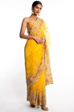 Anamika Khanna Yellow Organza Embroidered Sari