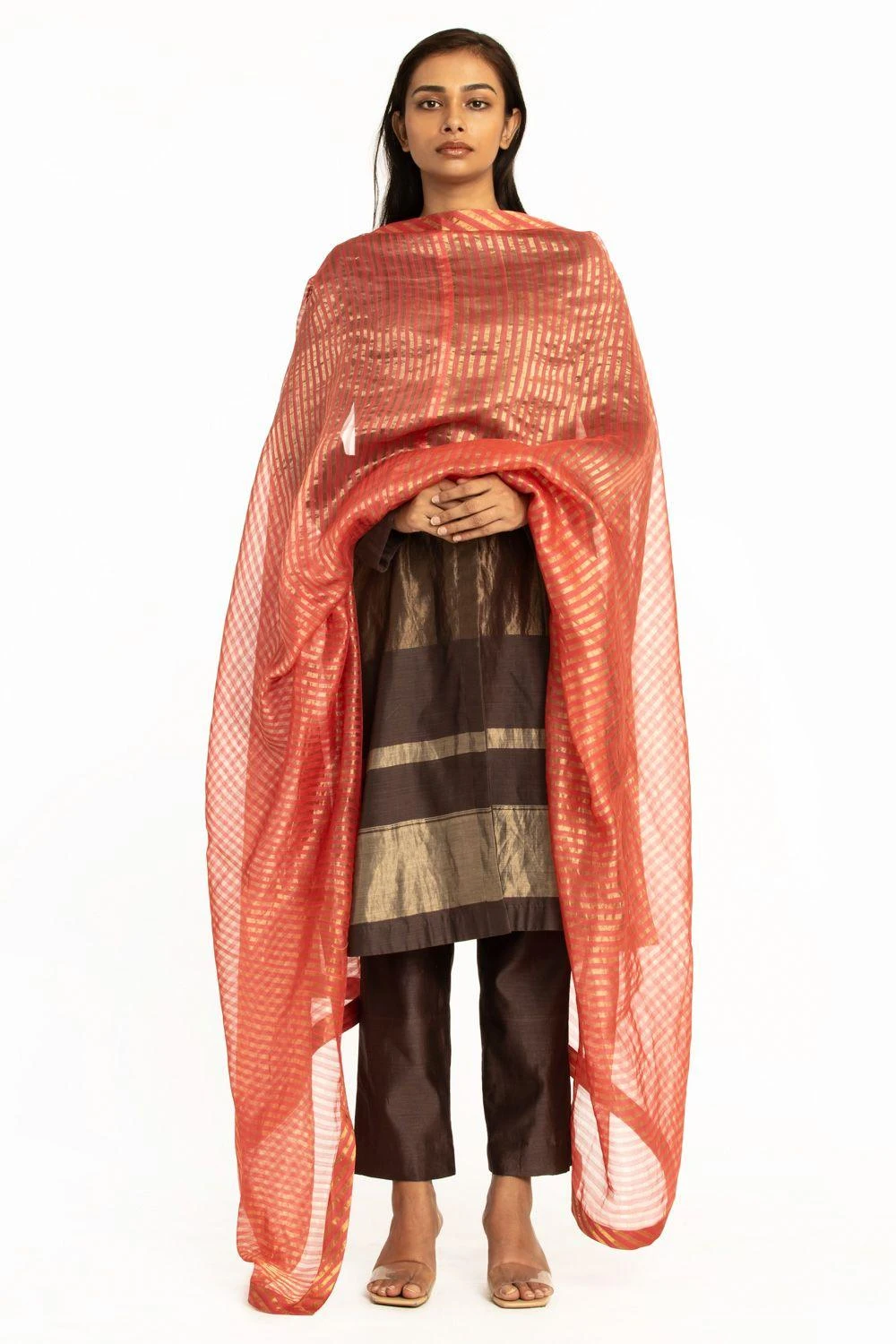 Akaaro Red Striped Silk Zari Dupatta 1 Akaaro Red Striped Silk Zari Dupatta