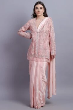 Asira Pink Satin Sari With Embellished Organza Jacket