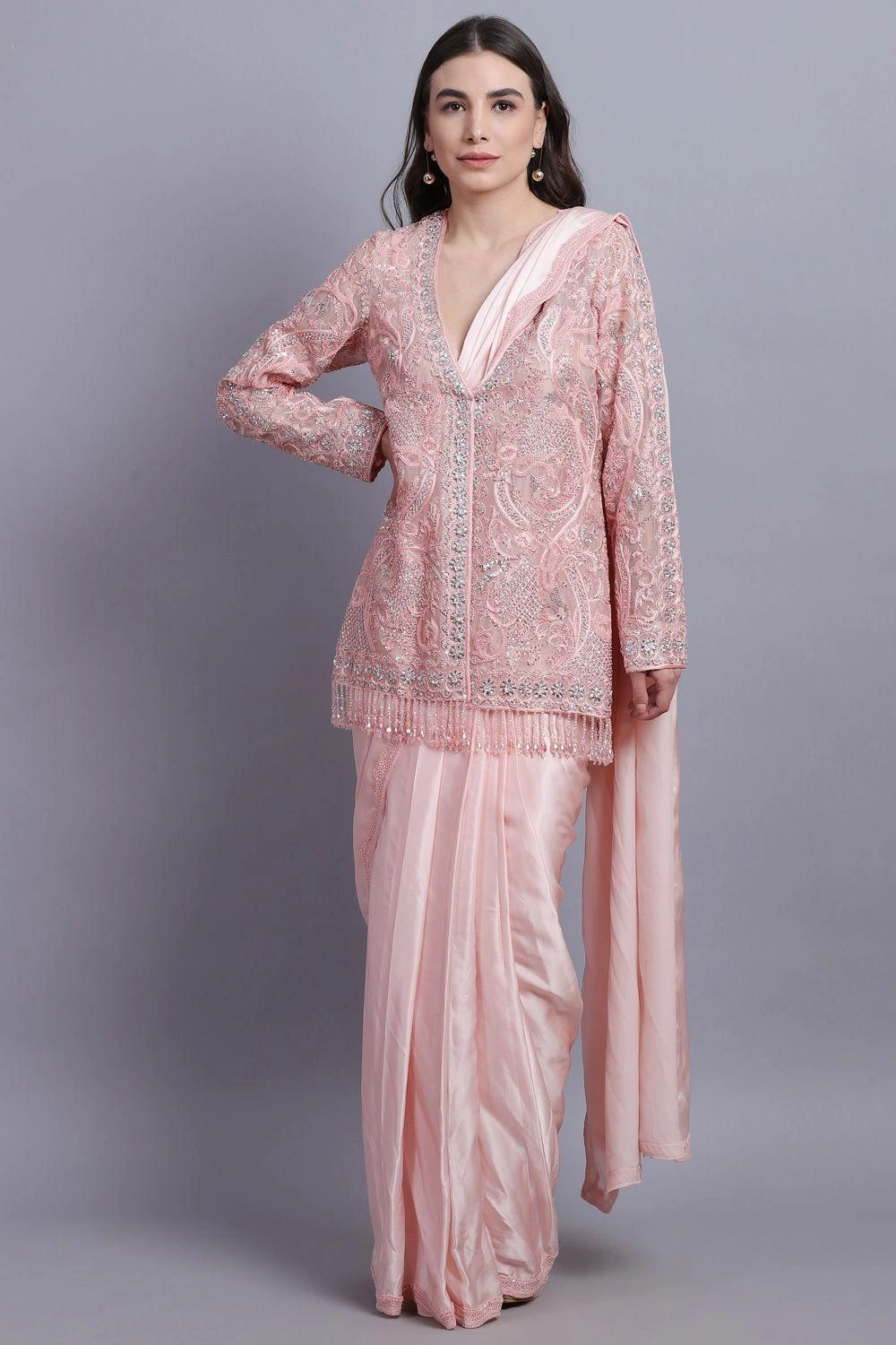 Asira Pink Satin Sari With Embellished Organza Jacket 1 Asira Pink Satin Sari With Embellished Organza Jacket