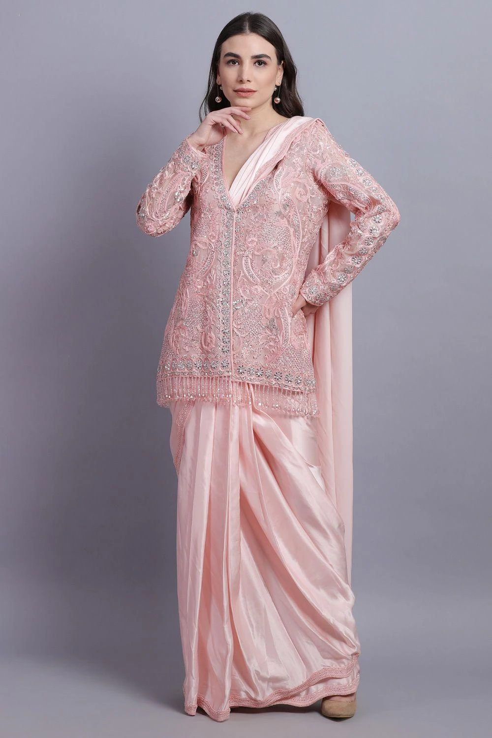 Asira Pink Satin Sari With Embellished Organza Jacket 3 Asira Pink Satin Sari With Embellished Organza Jacket - Image 3