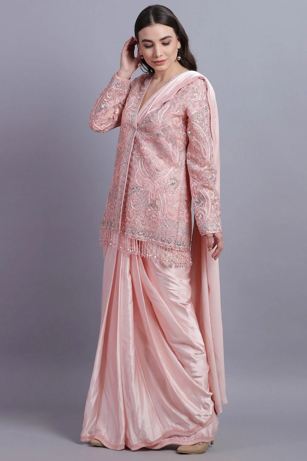 Asira Pink Satin Sari With Embellished Organza Jacket 2 Asira Pink Satin Sari With Embellished Organza Jacket - Image 2