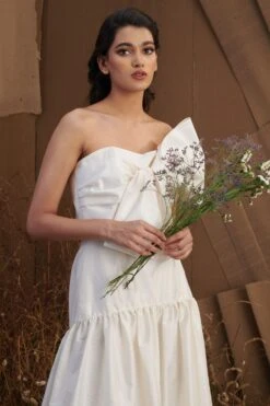 Shriya Som Ivory Draped Taffeta Gown