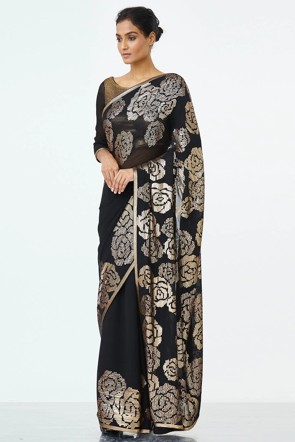 Nakul Sen Black Chiffon Sari With Sequins Rose Embroidery 1 Nakul Sen Black Chiffon Sari With Sequins Rose Embroidery