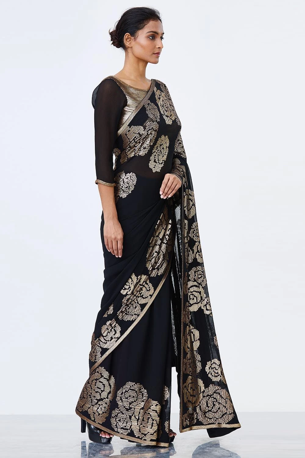 Nakul Sen Black Chiffon Sari With Sequins Rose Embroidery 2 Nakul Sen Black Chiffon Sari With Sequins Rose Embroidery - Image 2