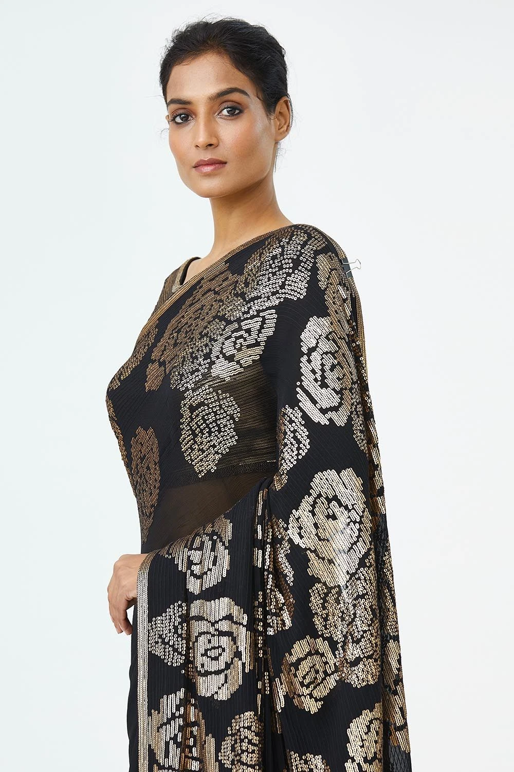 Nakul Sen Black Chiffon Sari With Sequins Rose Embroidery 3 Nakul Sen Black Chiffon Sari With Sequins Rose Embroidery - Image 3