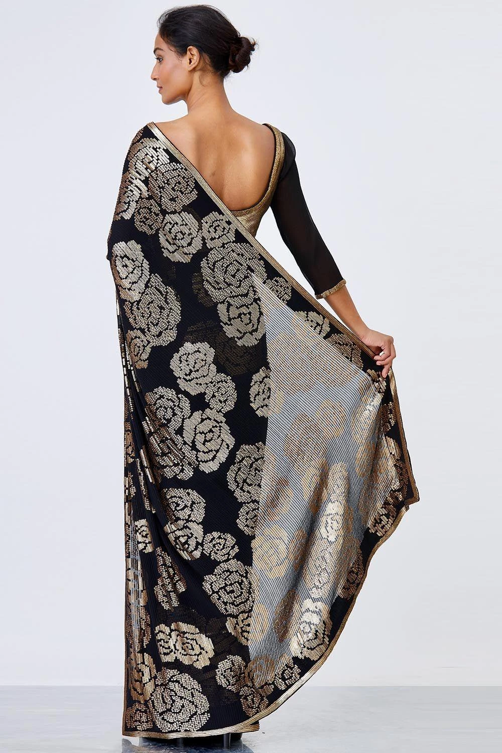 Nakul Sen Black Chiffon Sari With Sequins Rose Embroidery 4 Nakul Sen Black Chiffon Sari With Sequins Rose Embroidery - Image 4