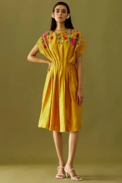 Chandrima Yellow Applique Beadwork Pleated Dress