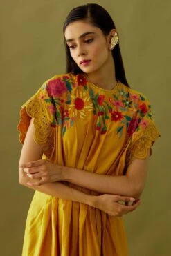 Chandrima Yellow Applique Beadwork Pleated Dress -Echo Clothing Store ch1103 3