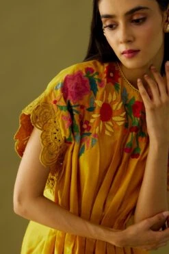 Chandrima Yellow Applique Beadwork Pleated Dress -Echo Clothing Store ch1103 4