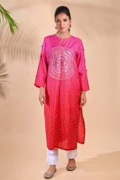 Fuchsia Bandhni Kurta With Sequence Circle Motif