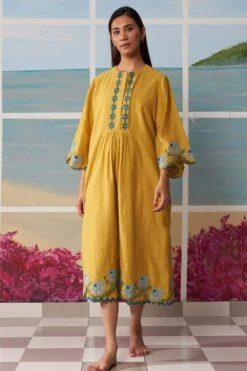 Ikai Mustard Dress With Floral Applique Details