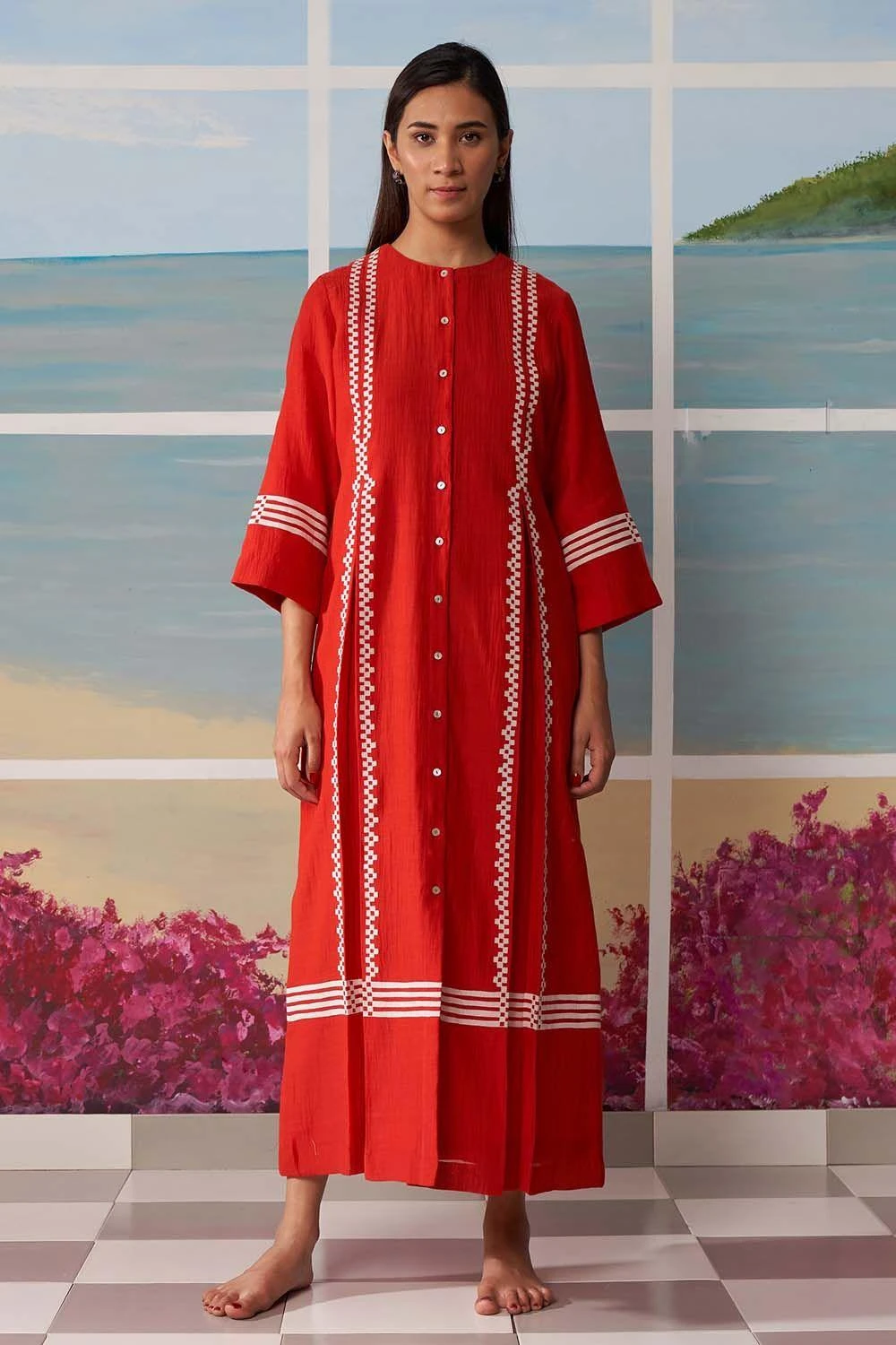 Ikai Red Pleated Dress With Applique Details 1 Ikai Red Pleated Dress With Applique Details