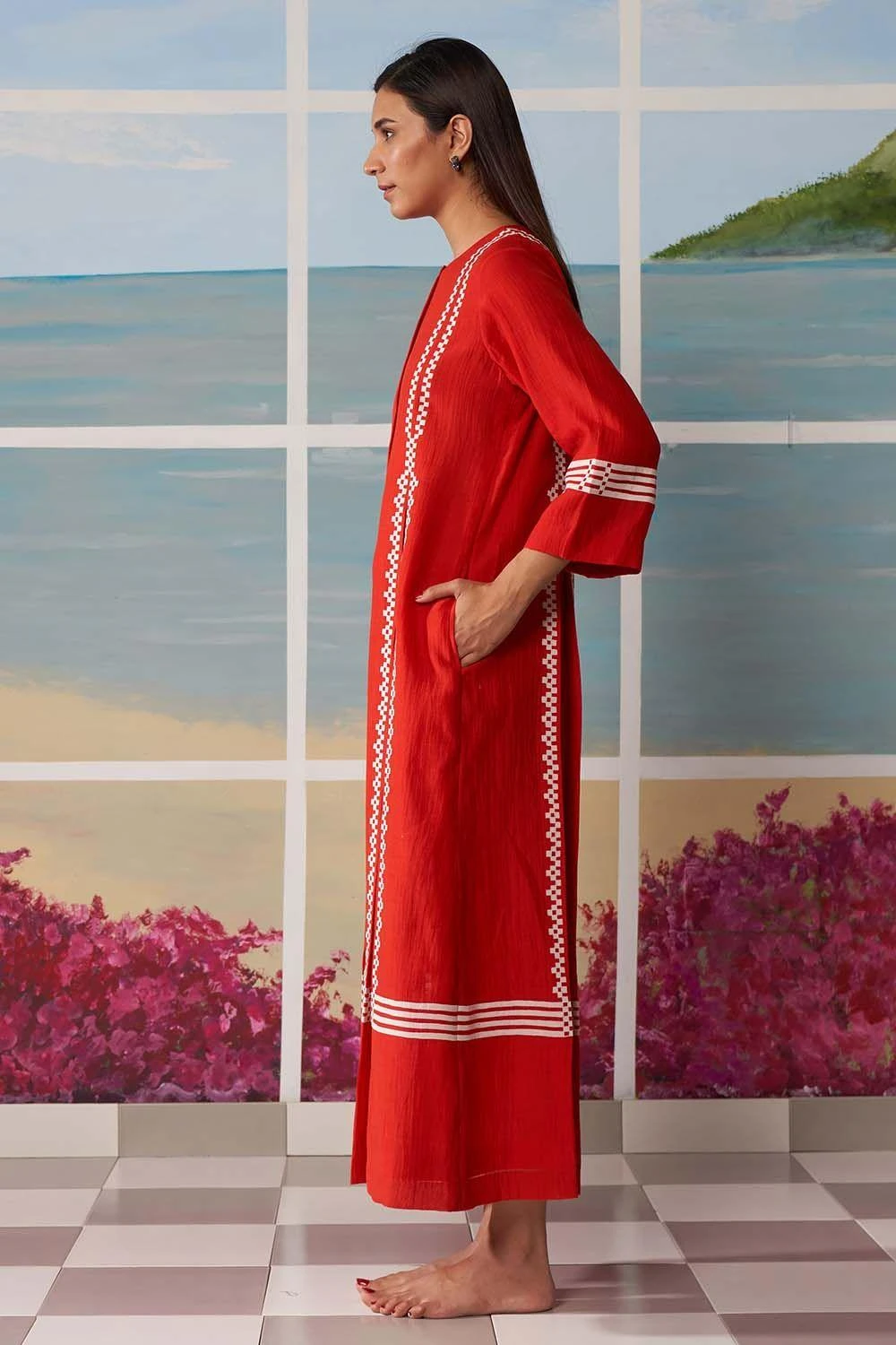 Ikai Red Pleated Dress With Applique Details 2 Ikai Red Pleated Dress With Applique Details - Image 2