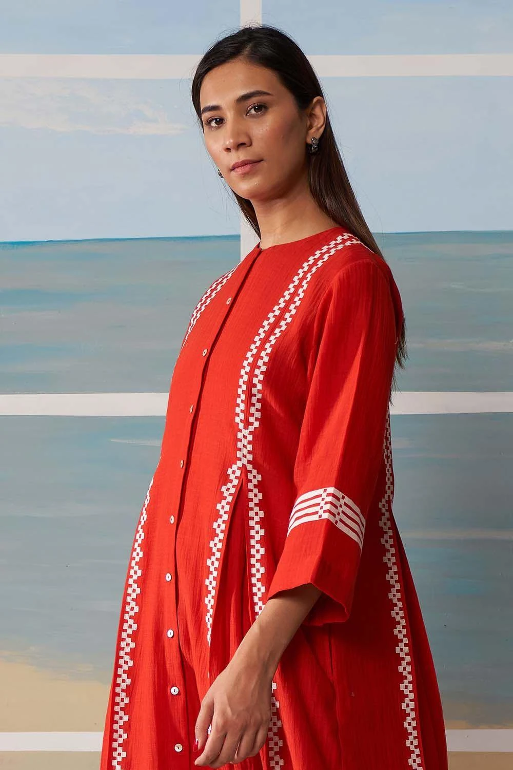Ikai Red Pleated Dress With Applique Details 3 Ikai Red Pleated Dress With Applique Details - Image 3