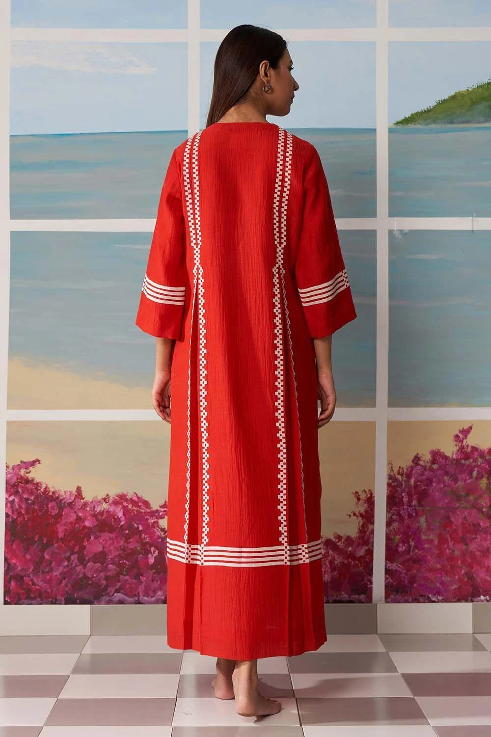 Ikai Red Pleated Dress With Applique Details 4 Ikai Red Pleated Dress With Applique Details - Image 4