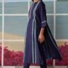 Ikai Navy Double Pleated Kurta Set With Applique Detail