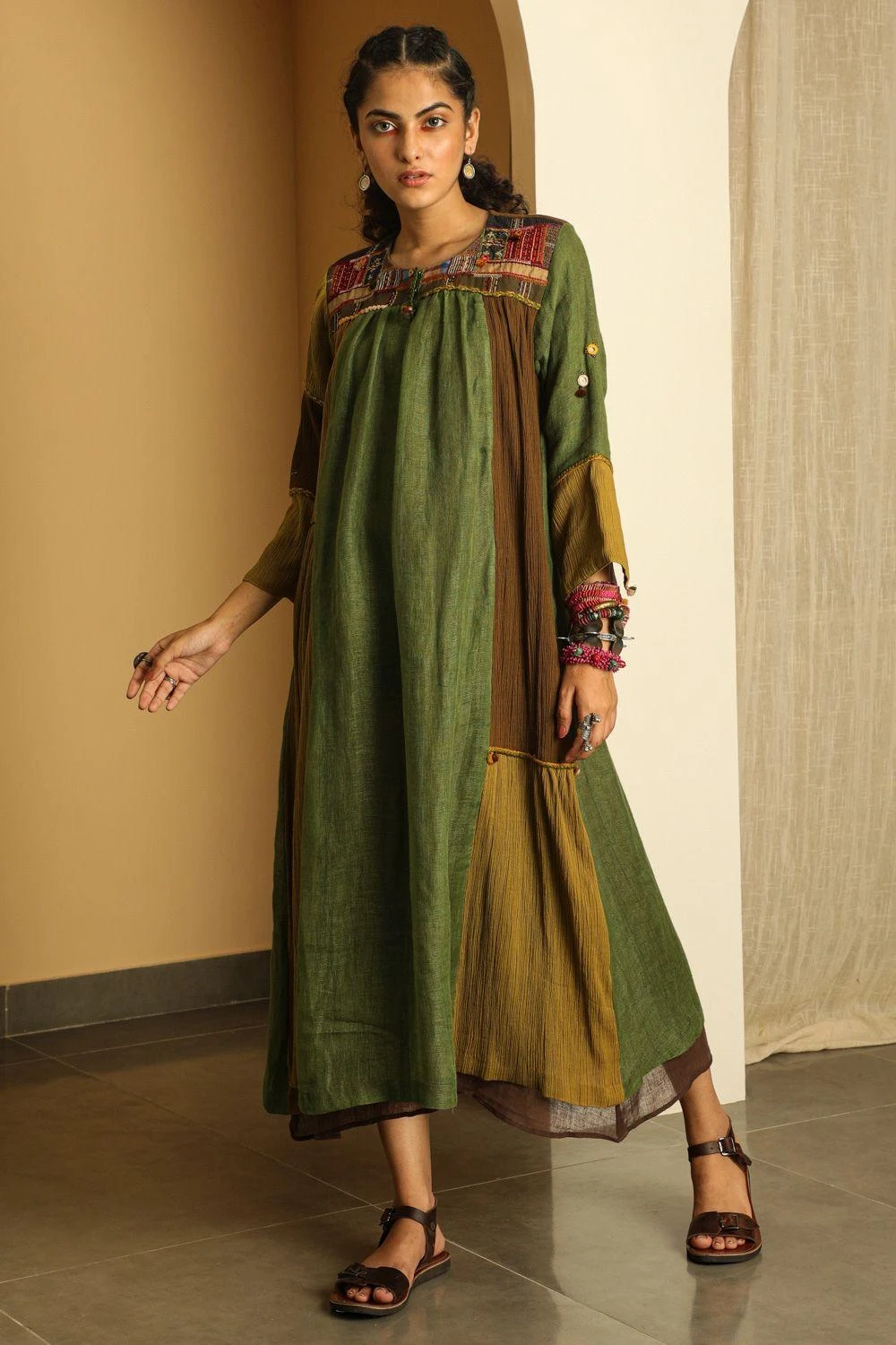 Medha Green Panelled Kurta With Embroidered Yoke 1 Medha Green Panelled Kurta With Embroidered Yoke