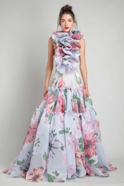 Gauri & Nainika Halter Bubble Ruffle Tiered Gown