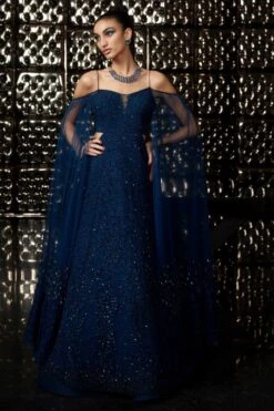Rohit Gandhi + Rahul Khanna Celestial Galaxy Blue Gown With Cape Sleeves