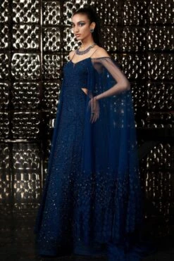 Rohit Gandhi + Rahul Khanna Celestial Galaxy Blue Gown With Cape Sleeves -Echo Clothing Store gw6101 6