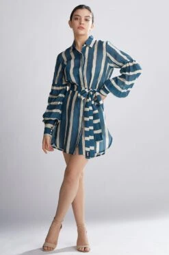 KoAi Teal Striped Shirt Dress