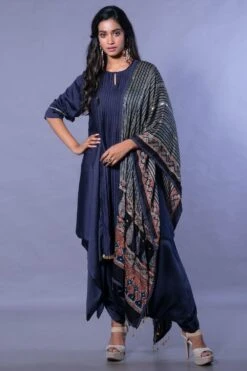 Prahnaaya Navy Blue Asymmetric Kurta Set With Ajrakh Dupatta
