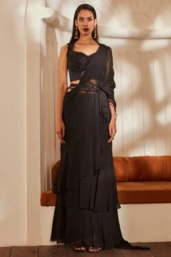 Nikita Mhaisalkar Black Ruffle Sari With Embellished Bustier & Belt