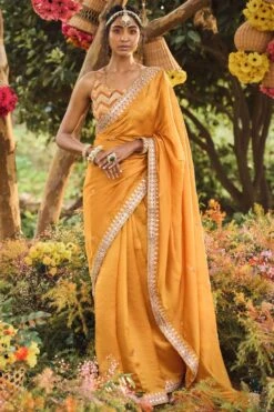 Punit Balana Mustard Organza Silk Sari & Blouse Set