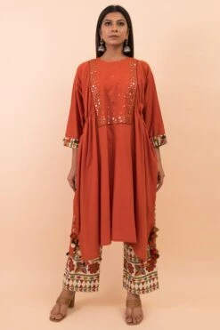 Pooja Keyur Rust Orange Kaftan Kurta & Printed Pants