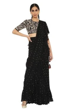Payal Singhal Black Mukaish Frill Sari & Embroidered Blouse