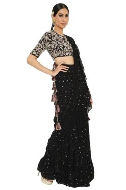 Payal Singhal Black Mukaish Frill Sari & Embroidered Blouse -Echo Clothing Store ps sr0011 3