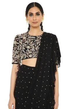 Payal Singhal Black Mukaish Frill Sari & Embroidered Blouse -Echo Clothing Store ps sr0011 4